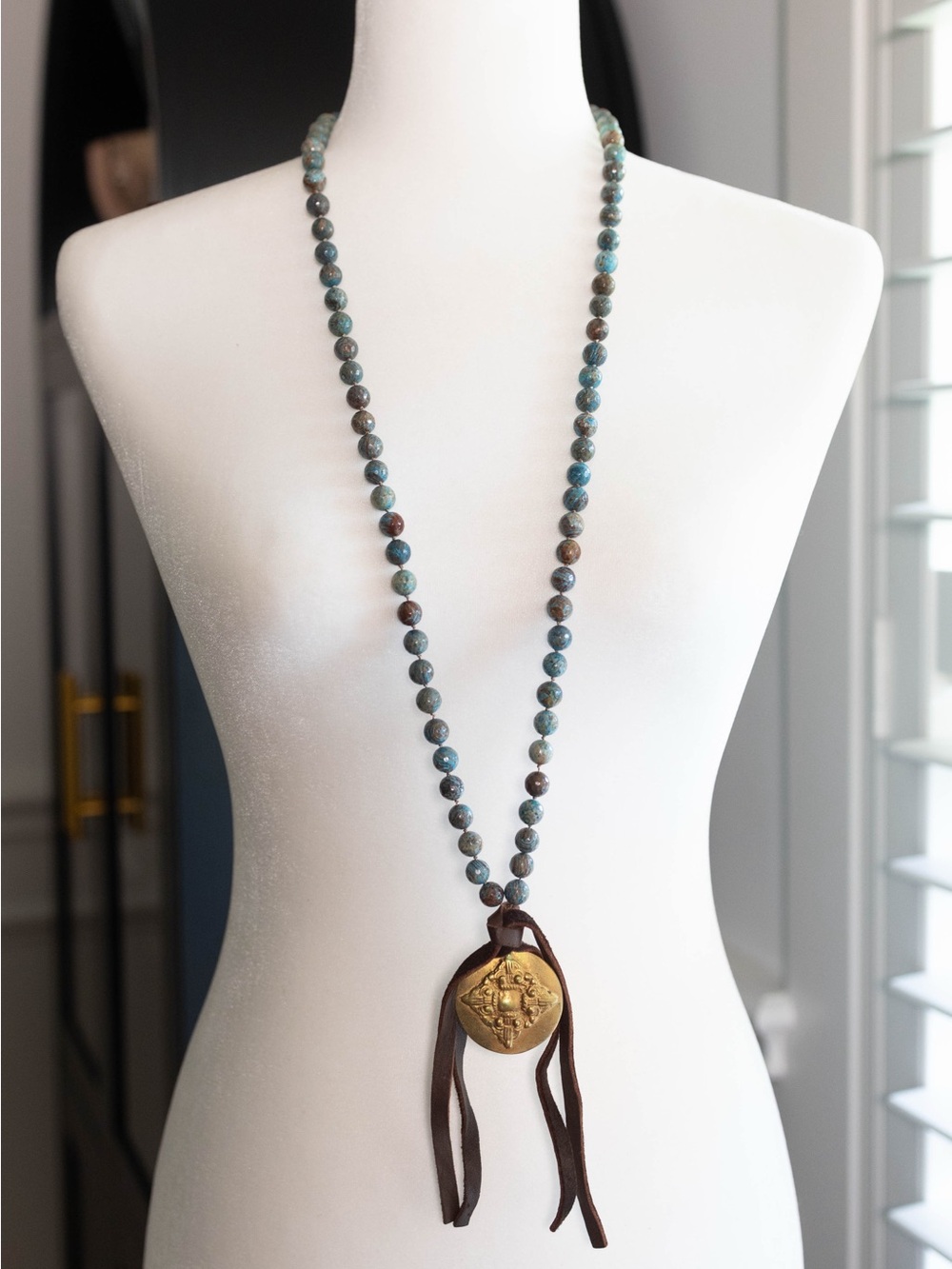 Blue Beaded‎ Long Necklace with Gold Medallion and Brown Tassel